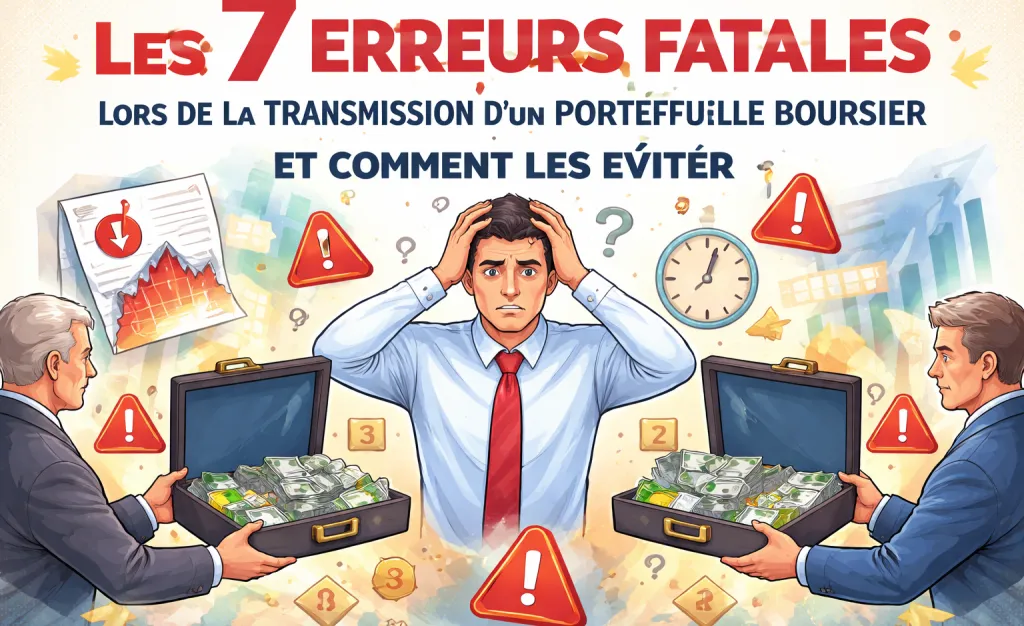 Illustration titrée « Les 7 erreurs fatales lors de la transmission d’un portefeuille boursier » : un homme inquiet, les mains sur la tête, entre deux hommes qui se tendent des mallettes de billets.