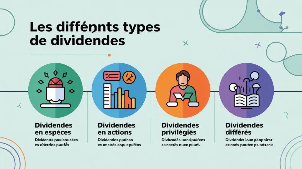 Infographie « Les différents types de dividendes » avec quatre pictogrammes ronds : en espèces, en actions, privilégiés et différés.