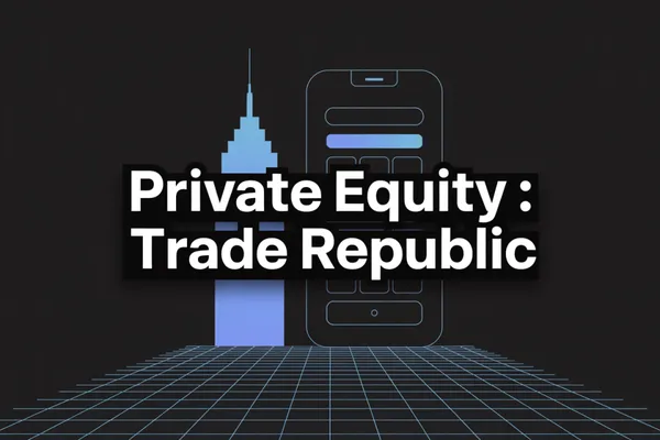Illustration sur fond noir d’un gratte-ciel et d’un smartphone stylisés, avec le titre Private Equity : Trade Republic.