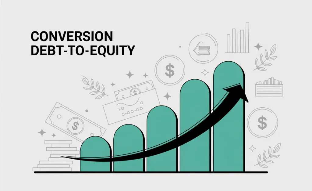 Infographie « Conversion debt-to-equity » : barres vertes croissantes, flèche montante, billets et pièces stylisés.