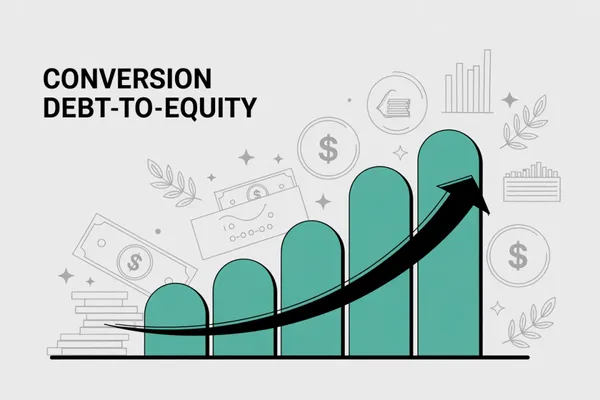 Infographie « Conversion debt-to-equity » : barres vertes croissantes, flèche montante, billets et pièces stylisés.