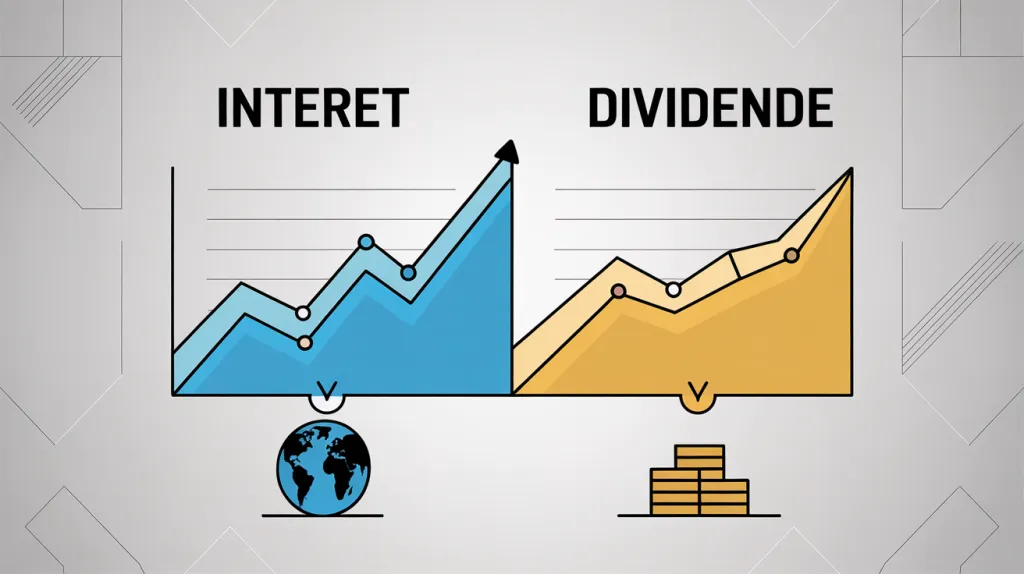 Deux graphiques côte à côte, « Intérêt » en bleu avec un globe et « Dividende » en jaune avec une pile de lingots.