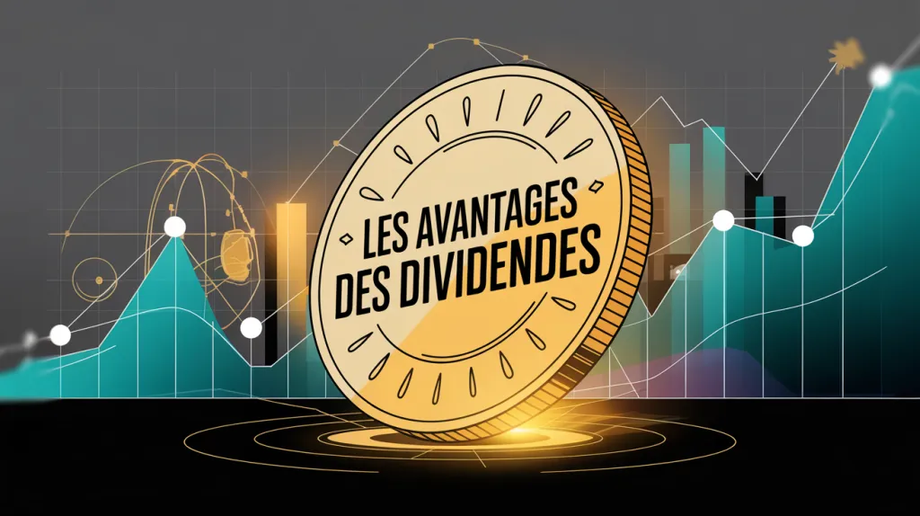 Grande pièce dorée portant l’inscription « Les avantages des dividendes » devant des courbes et des barres de graphique.