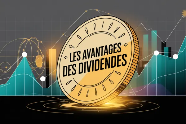 Grande pièce dorée portant l’inscription « Les avantages des dividendes » devant des courbes et des barres de graphique.