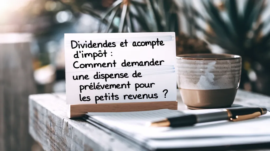 Carte manuscrite posée sur une table en bois, à côté d’une tasse et d’un stylo, portant la question Dividendes et acompte d’impôt : comment demander une dispense de prélèvement pour les petits revenus ?