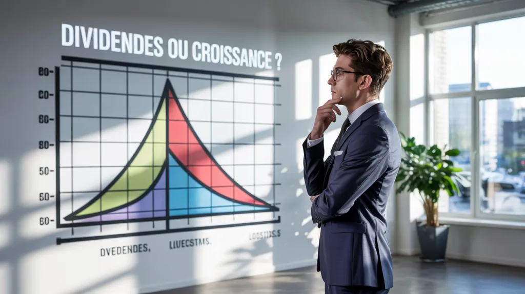 Un homme en costume, pensif, observe un graphique en courbes colorées projeté au mur sous le titre « Dividendes ou croissance ? ».