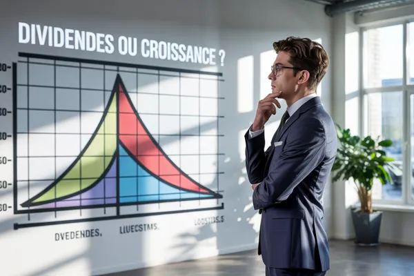 Un homme en costume, pensif, observe un graphique en courbes colorées projeté au mur sous le titre « Dividendes ou croissance ? ».