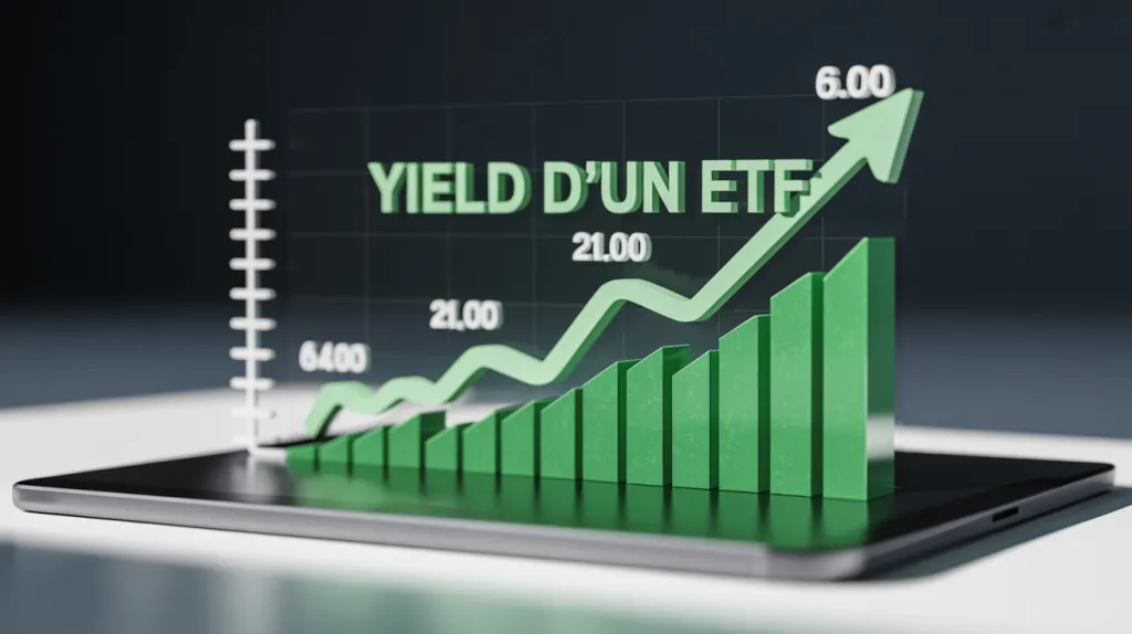 Graphique en barres vertes croissantes surmonté d’une flèche et du titre « Yield d’un ETF », posé sur une tablette.
