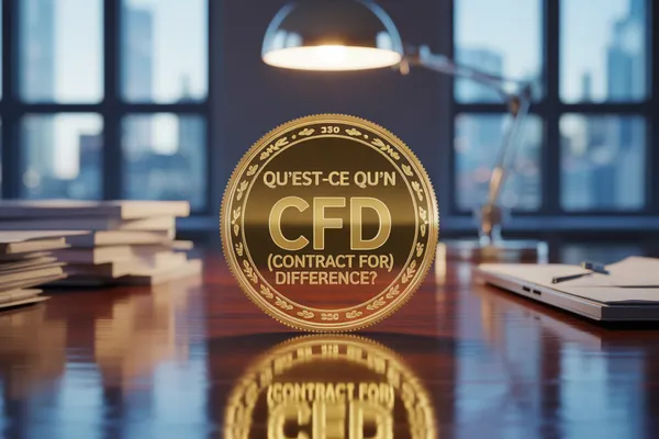 Pièce dorée posée debout sur un bureau, gravée « Qu’est-ce qu’un CFD (contract for difference) ? », devant une fenêtre sur la ville.