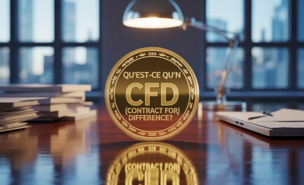 Pièce dorée posée debout sur un bureau, gravée « Qu’est-ce qu’un CFD (contract for difference) ? », devant une fenêtre sur la ville.