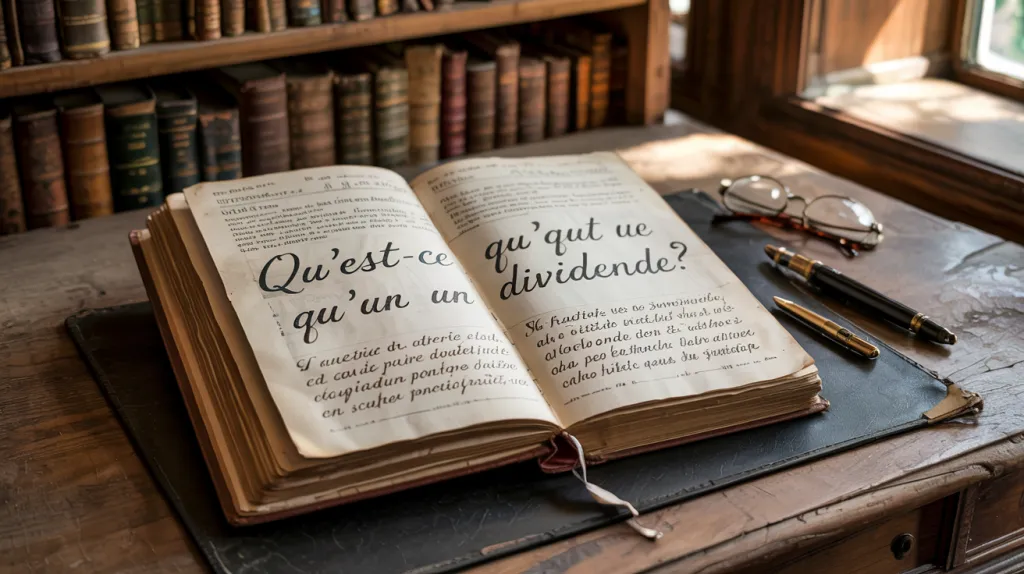 Grand livre ancien ouvert sur un bureau en bois, titré à la main « Qu’est-ce qu’un dividende ? », à côté de lunettes et de stylos.