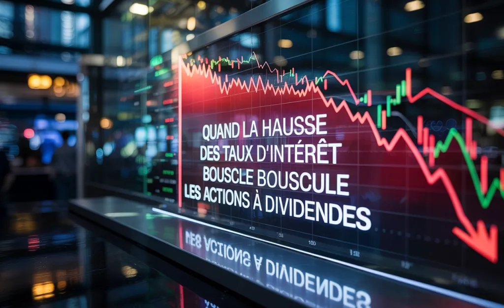 Écran de salle de marché affichant une courbe rouge en baisse et le titre « Quand la hausse des taux d’intérêt bouscule les actions à dividendes ».