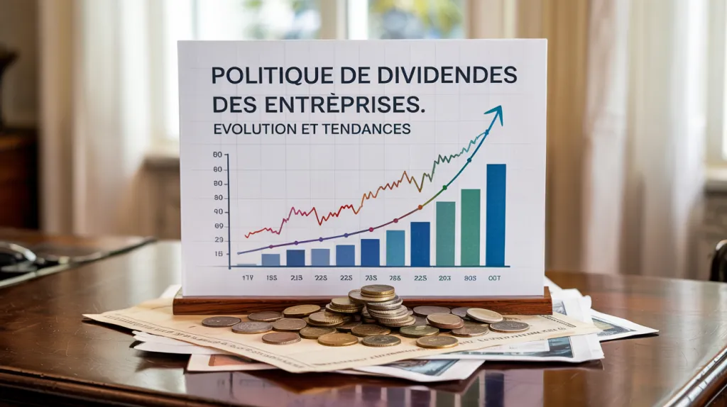 Panneau « Politique de dividendes des entreprises » avec un graphique en barres croissantes, posé sur des billets et des pièces.