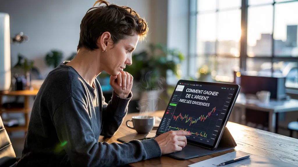 Une femme pensive, main sous le menton, regarde une tablette affichant un graphique boursier et le titre « Comment gagner de l’argent avec les dividendes ».