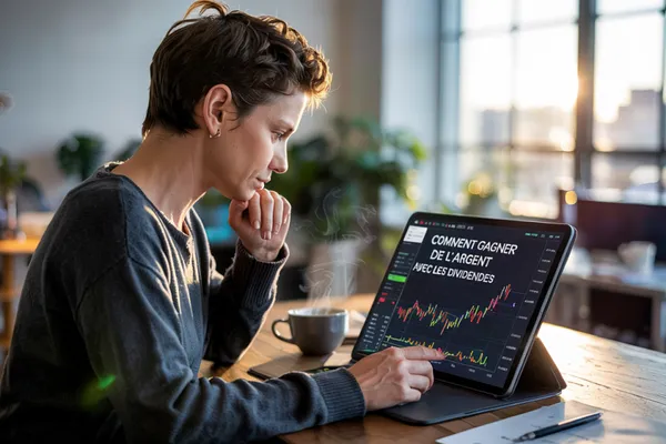 Une femme pensive, main sous le menton, regarde une tablette affichant un graphique boursier et le titre « Comment gagner de l’argent avec les dividendes ».