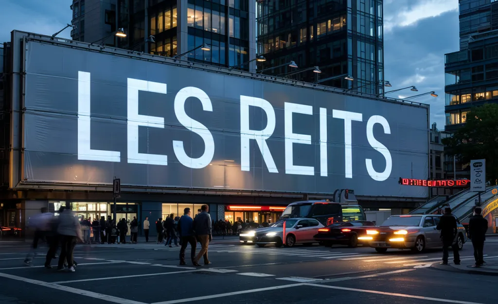Grand panneau lumineux affichant « Les REITs » sur la façade d’un immeuble, au crépuscule, avec des passants et des voitures au premier plan.