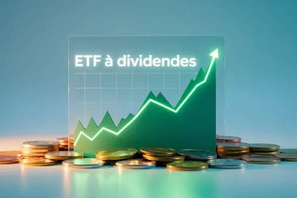 Courbe verte ascendante sur un écran transparent portant la mention ETF à dividendes, posée derrière des piles de pièces.