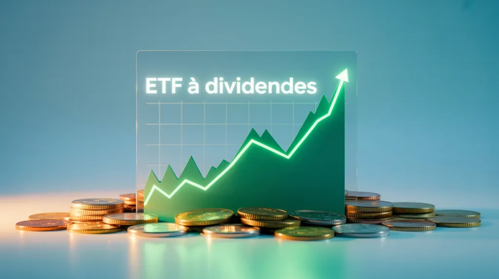 Courbe verte ascendante sur un écran transparent portant la mention ETF à dividendes, posée derrière des piles de pièces.