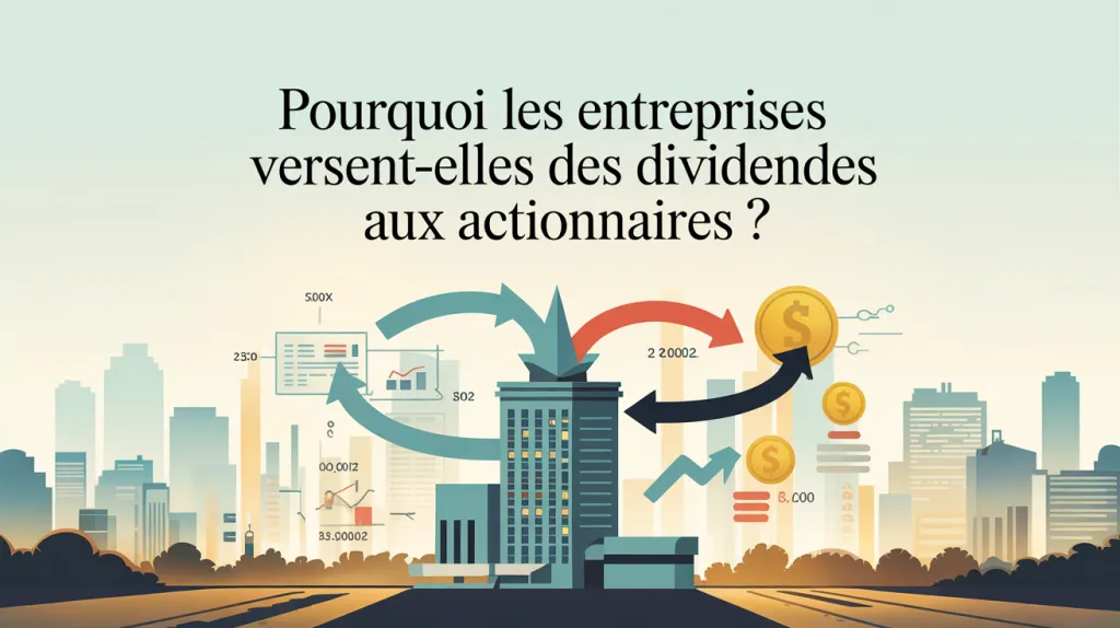 Illustration d’un immeuble de bureaux entouré de flèches et de pièces, sous la question « Pourquoi les entreprises versent-elles des dividendes aux actionnaires ? ».