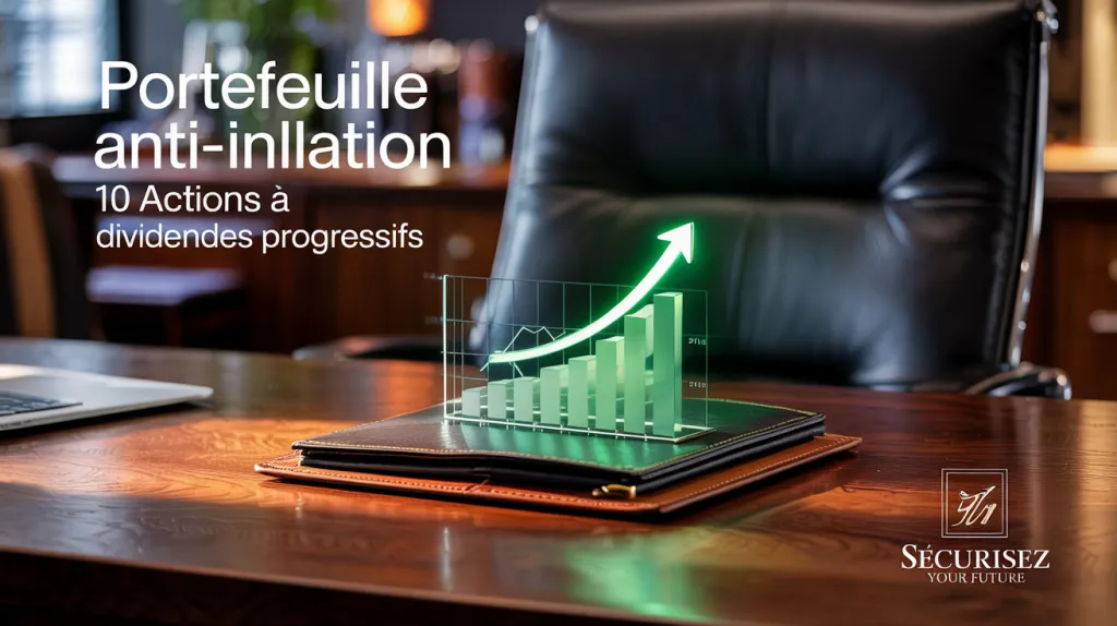 Graphique en barres lumineux surmonté d’une flèche verte, posé sur un porte-documents en cuir sur un bureau, avec le titre « Portefeuille anti-inflation : 10 actions à dividendes progressifs ».