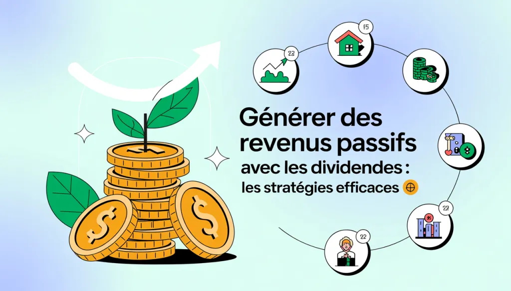 Illustration d’une pile de pièces d’où pousse une plante, entourée d’icônes (maison, billets, immeuble, graphique), avec le titre « Générer des revenus passifs avec les dividendes : les stratégies efficaces ».