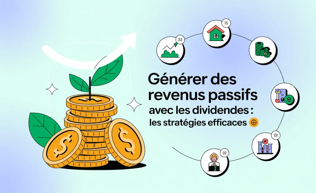 Illustration d’une pile de pièces d’où pousse une plante, entourée d’icônes (maison, billets, immeuble, graphique), avec le titre « Générer des revenus passifs avec les dividendes : les stratégies efficaces ».