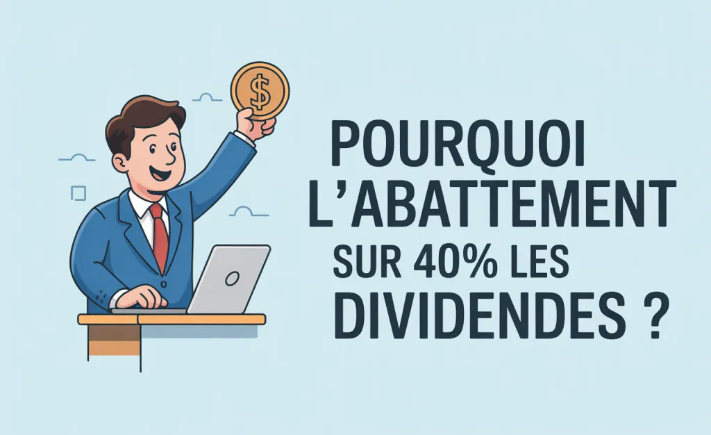 Dessin d’un homme en costume brandissant une pièce devant un ordinateur portable, à côté de la question Pourquoi l’abattement de 40 % sur les dividendes ?