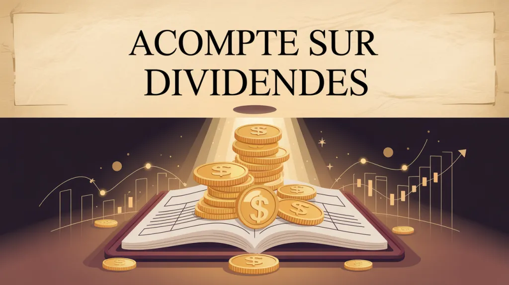 Pile de pièces dorées posée sur un registre ouvert, sous un bandeau portant le titre « Acompte sur dividendes ».