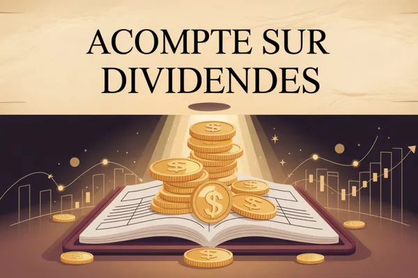 Pile de pièces dorées posée sur un registre ouvert, sous un bandeau portant le titre « Acompte sur dividendes ».