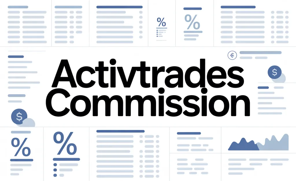 Titre ActivTrades Commission sur un fond de tableaux de chiffres, de symboles de pourcentage et de dollar.