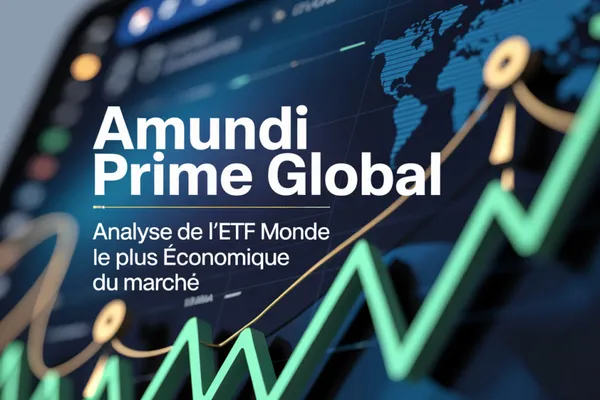 Écran de graphique boursier avec une carte du monde et une courbe verte montante, titré Amundi Prime Global, analyse de l’ETF Monde le plus économique du marché.