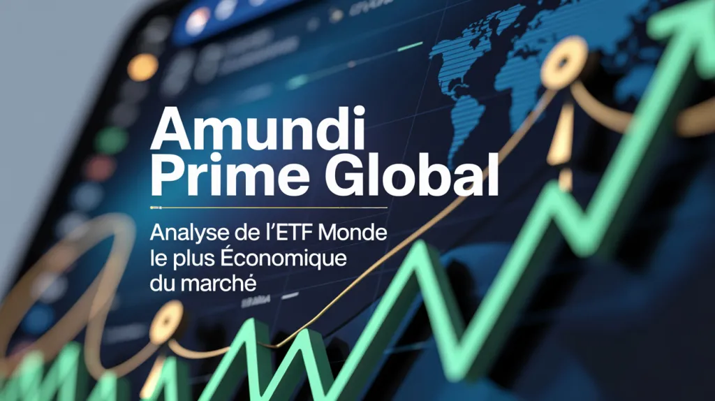 Écran de graphique boursier avec une carte du monde et une courbe verte montante, titré Amundi Prime Global, analyse de l’ETF Monde le plus économique du marché.