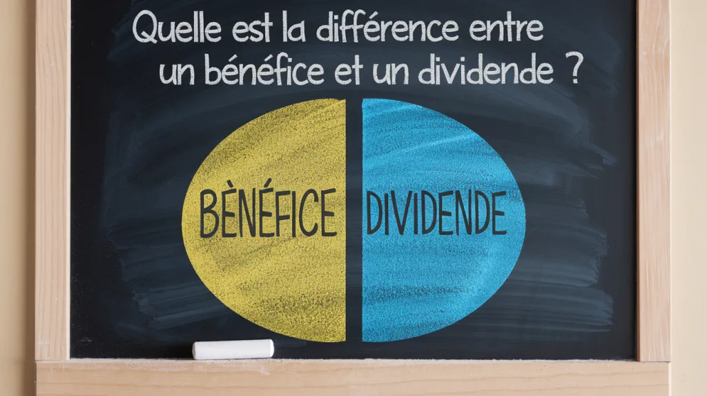 Tableau noir portant la question « Quelle est la différence entre un bénéfice et un dividende ? » et un cercle partagé entre « Bénéfice » et « Dividende ».