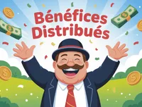 Illustration d’un homme moustachu en chapeau melon, bras levés, entouré de billets et de pièces sous le titre « Bénéfices distribués ».