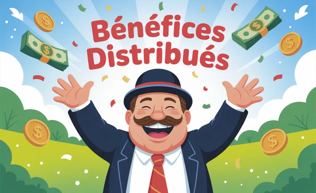 Illustration d’un homme moustachu en chapeau melon, bras levés, entouré de billets et de pièces sous le titre « Bénéfices distribués ».