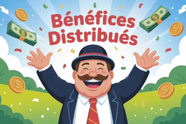 Illustration d’un homme moustachu en chapeau melon, bras levés, entouré de billets et de pièces sous le titre « Bénéfices distribués ».