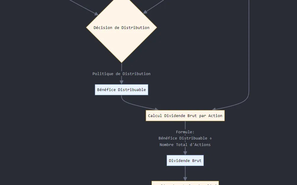 Organigramme sombre du calcul du dividende : bénéfice net, décision de distribution, dividende brut par action, puis fiscalité et dividende net.