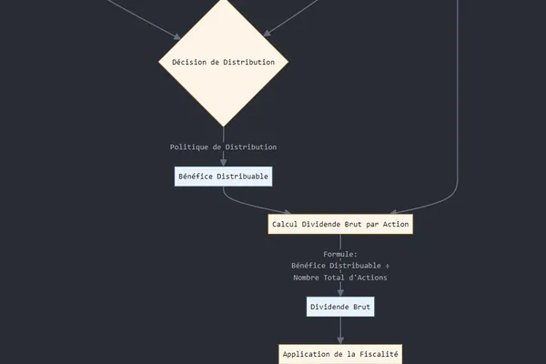 Organigramme sombre du calcul du dividende : bénéfice net, décision de distribution, dividende brut par action, puis fiscalité et dividende net.