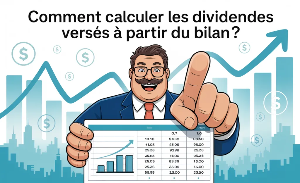 Dessin d’un homme moustachu pointant du doigt un tableau de chiffres, sous le titre Comment calculer les dividendes versés à partir du bilan ?