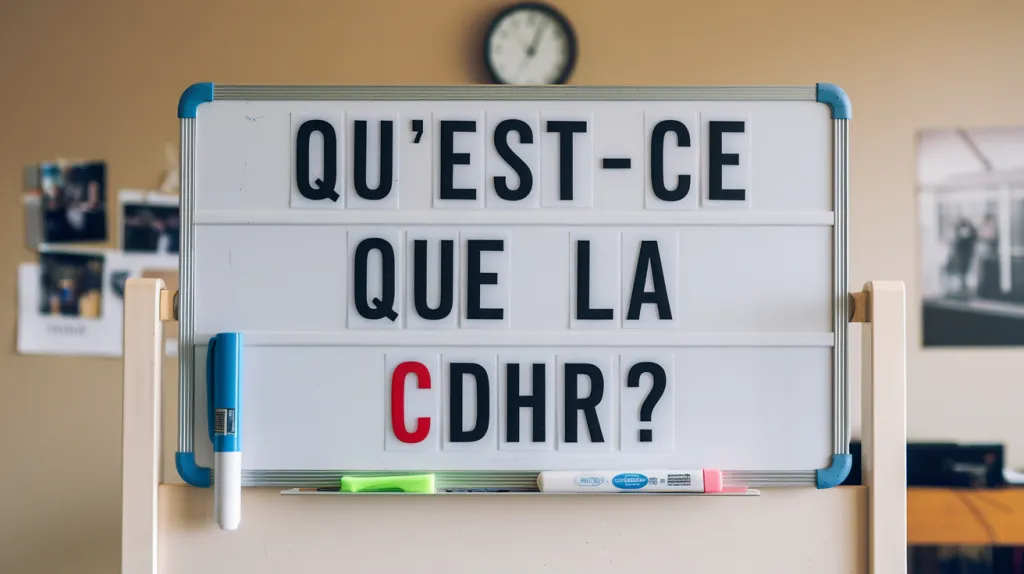 Tableau blanc à lettres amovibles affichant la question Qu’est-ce que la CDHR ?, sous une horloge murale.