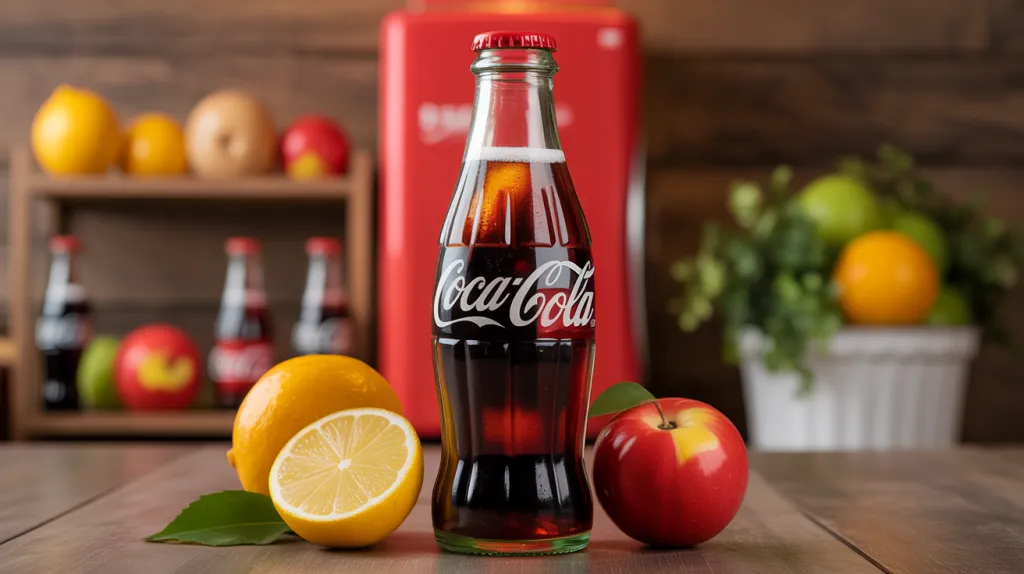 Bouteille de Coca-Cola en verre posée sur une table en bois, entourée d'oranges et d'une pomme