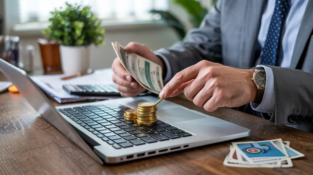 Homme en costume tenant des billets et une pile de pièces dorées posées sur le clavier d’un ordinateur portable.