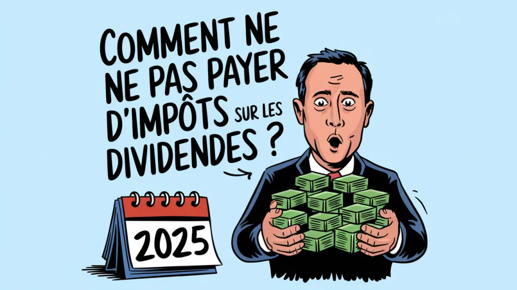 Dessin d’un homme surpris tenant des liasses de billets, à côté du titre Comment ne pas payer d’impôts sur les dividendes et d’un calendrier 2025.