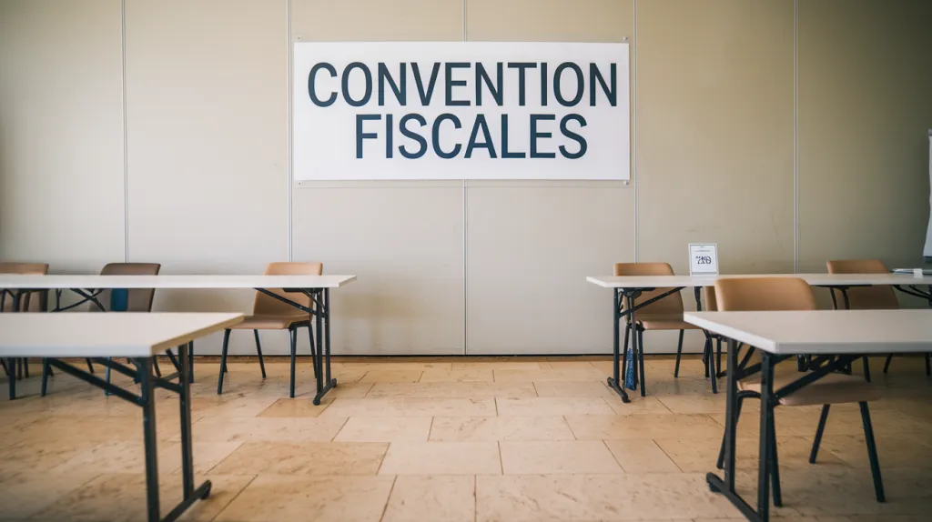 Salle de réunion vide aux tables alignées, avec au mur un panneau Convention fiscales.