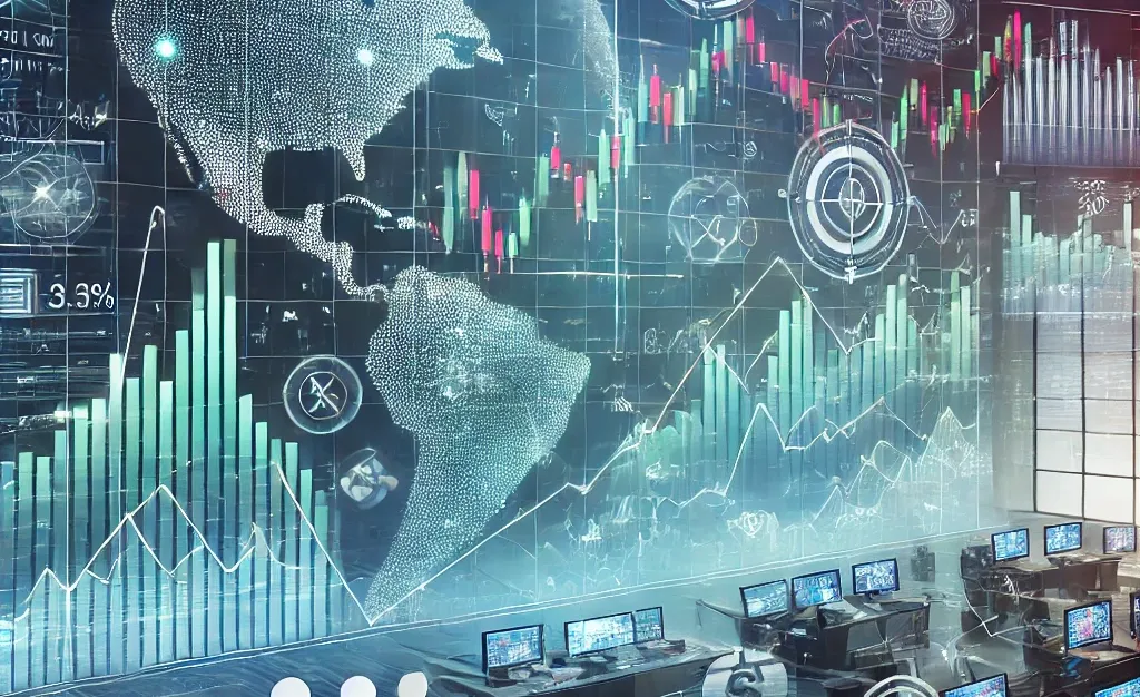Salle de marché stylisée : carte du monde, graphiques en chandeliers et en barres, écrans de trading et pictogrammes d’investisseurs.