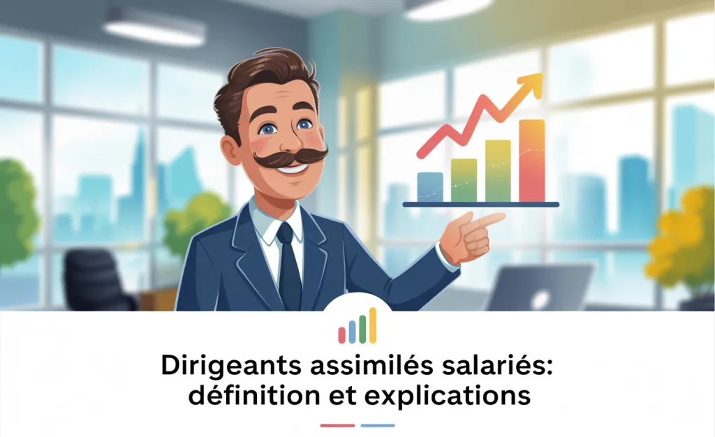 Dessin d’un dirigeant moustachu en costume montrant un graphique en barres ascendant, avec le titre Dirigeants assimilés salariés : définition et explications.