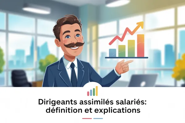 Dessin d’un dirigeant moustachu en costume montrant un graphique en barres ascendant, avec le titre Dirigeants assimilés salariés : définition et explications.