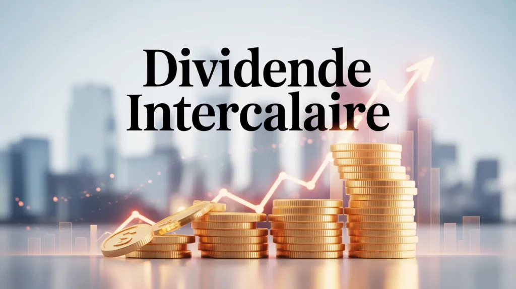 Piles de pièces dorées croissantes devant une ville floue et une flèche montante, sous le titre « Dividende intercalaire ».
