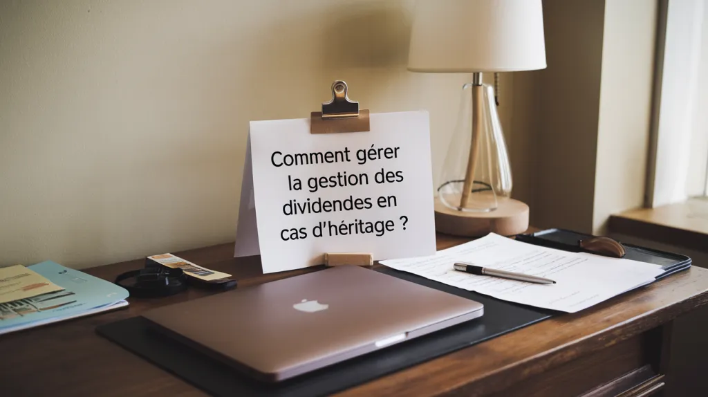 Bureau en bois avec un ordinateur portable fermé, une lampe et un carton où l’on lit « Comment gérer la gestion des dividendes en cas d’héritage ? ».