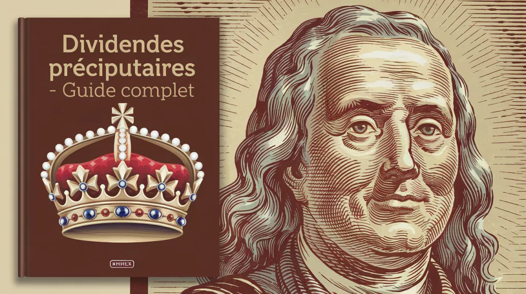 Couverture de livre « Dividendes préciputaires, guide complet » ornée d’une couronne, à côté d’un portrait gravé d’homme aux cheveux longs.
